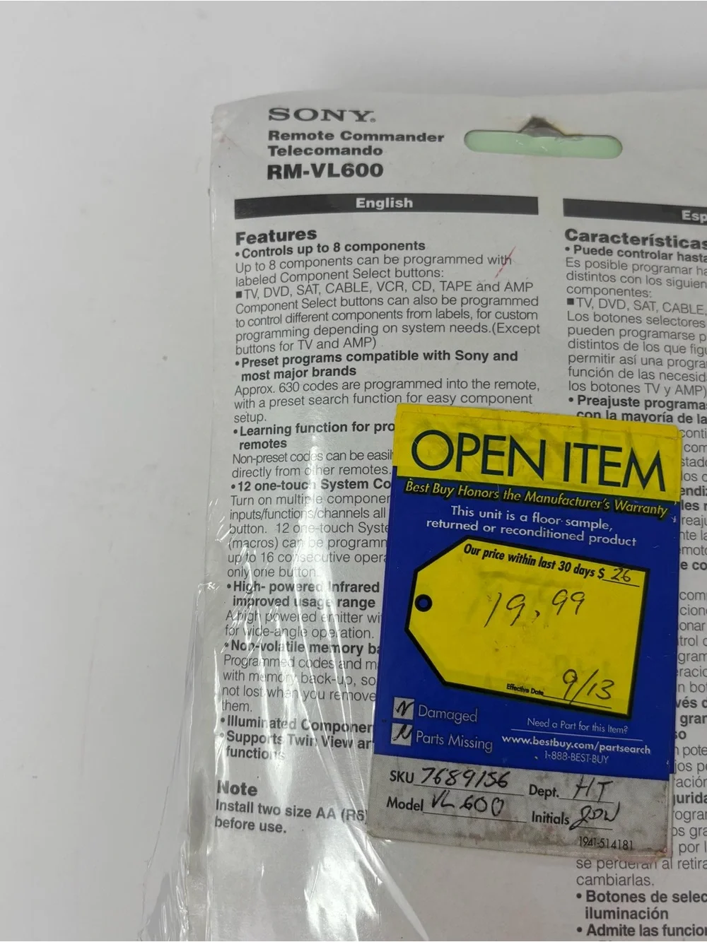 Sony RM-VL600 8-Device Universal Learning Remote Control Commander Open Box
